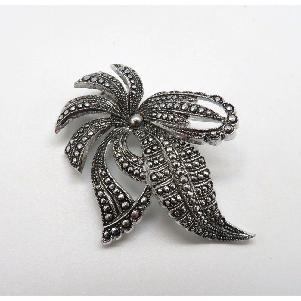 West Germany Flower Brooch Silver Tone Leaf Ribbon 1.5" Vintage Marcasite Look